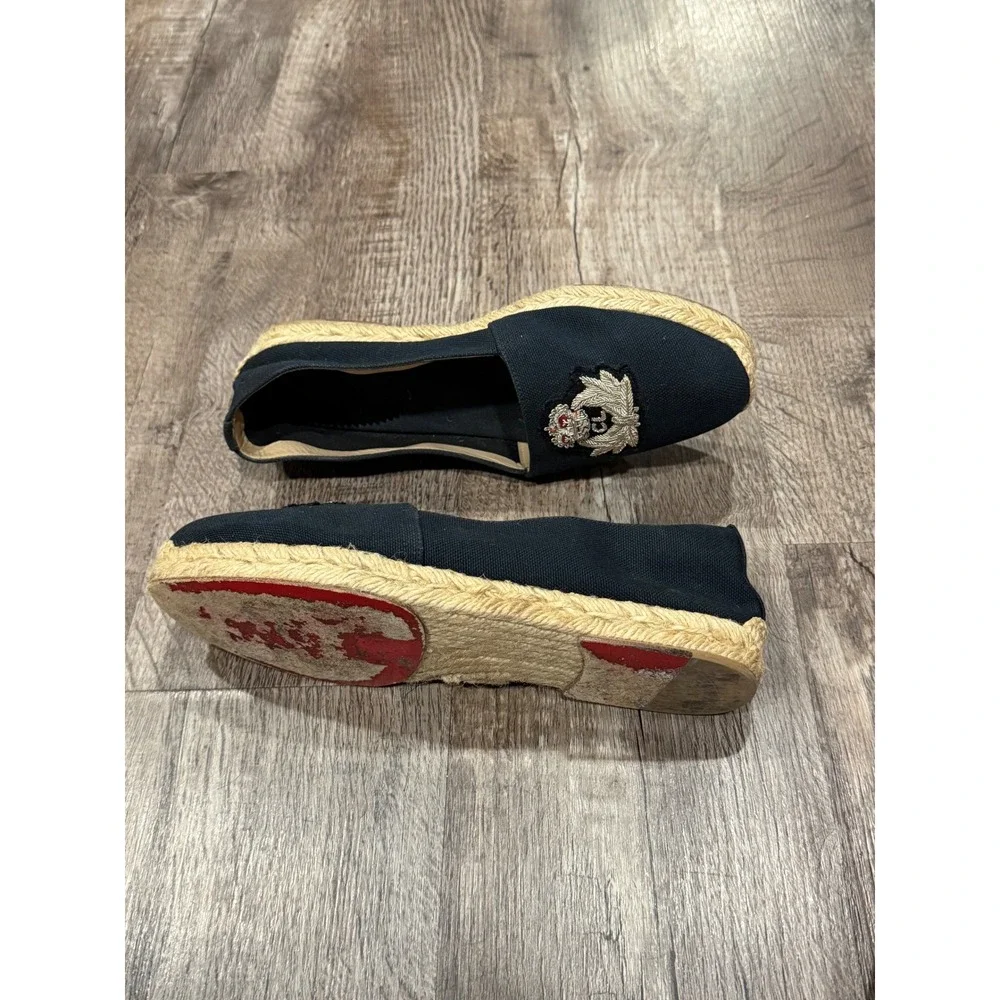 Christian Louboutin Black Canvas Crest Embroidered Espadrille Flats Red Bottoms